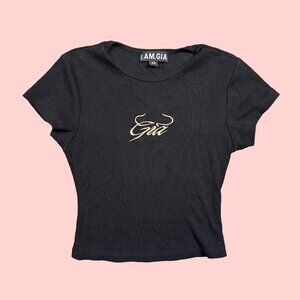 I.AM.GIA Women's Black Gold Baby Tee Crop Top Embroidered Ribbed Women's X-Small